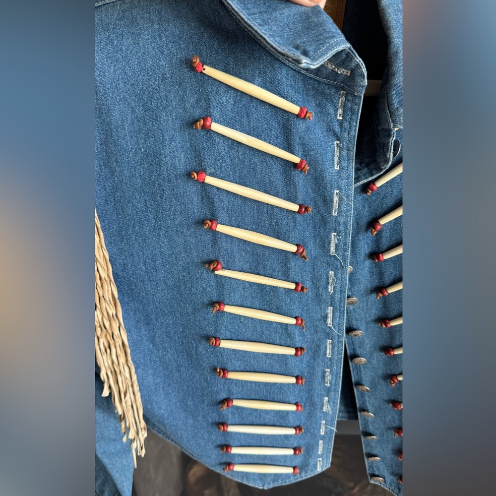 Double D Ranch Blue Denim Fringe Jean Jacket with Bone Accents - Picture 5 of 6